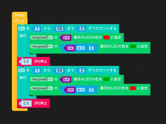 LEDを交互に赤と緑に光らせる